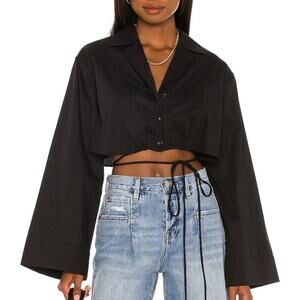 NWOT L'Academie Kinsley Flare Sleeve Collared Button Crop Top Black Women's XS